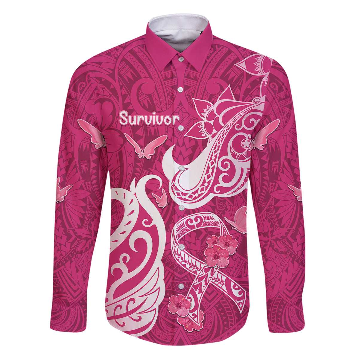 Personalized Breast Cancer Awareness Family Matching Off Shoulder Long Sleeve Dress and Hawaiian Shirt Ribbon Polynesian Pattern Pink Version LT05 Dad's Shirt - Long Sleeve Pink - Polynesian Pride