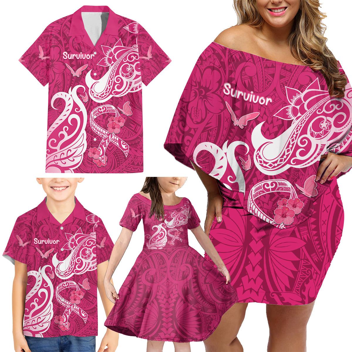 Personalized Breast Cancer Awareness Family Matching Off Shoulder Short Dress and Hawaiian Shirt Ribbon Polynesian Pattern Pink Version LT05 - Polynesian Pride