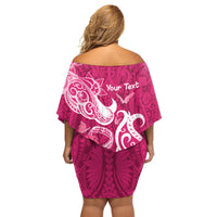 Personalized Breast Cancer Awareness Family Matching Off Shoulder Short Dress and Hawaiian Shirt Ribbon Polynesian Pattern Pink Version LT05 - Polynesian Pride