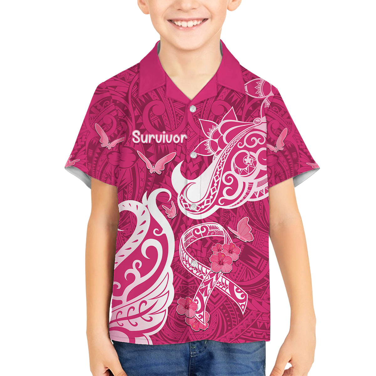 Personalized Breast Cancer Awareness Kid Hawaiian Shirt Ribbon Polynesian Pattern Pink Version LT05 - Polynesian Pride