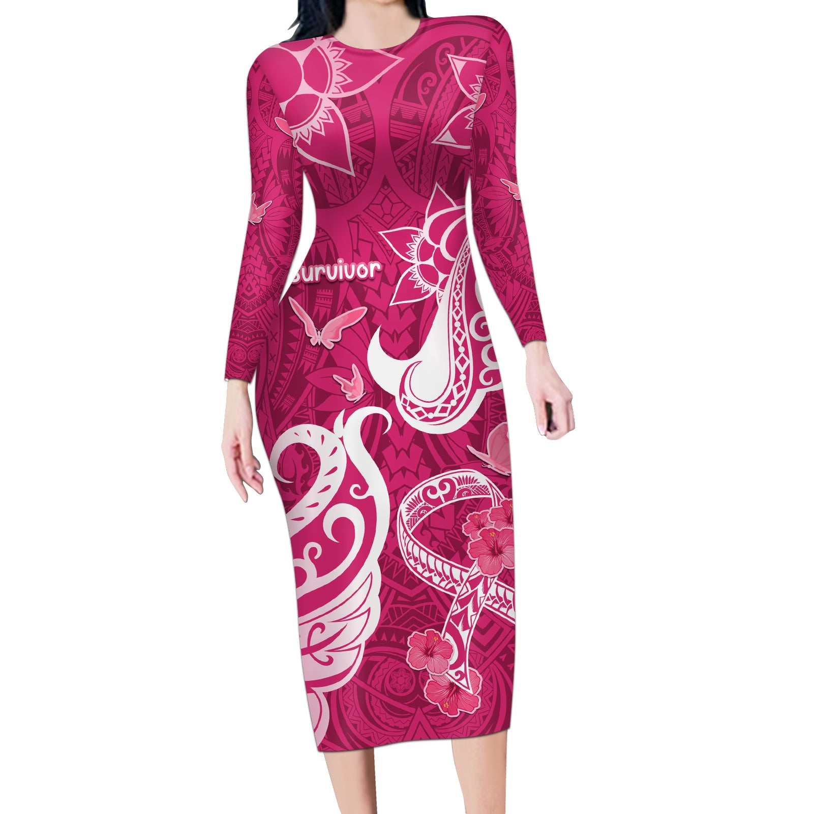 Personalized Breast Cancer Awareness Long Sleeve Bodycon Dress Ribbon Polynesian Pattern Pink Version LT05 Long Dress Pink - Polynesian Pride