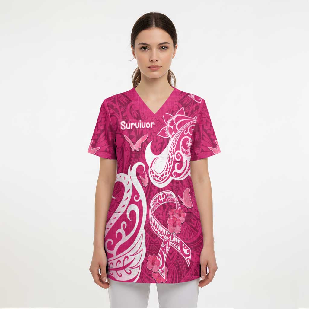 Personalized Breast Cancer Awareness Scrub Top Ribbon Polynesian Pattern Pink Version - Polynesian Pride