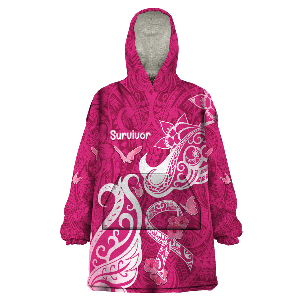 Personalized Breast Cancer Awareness Wearable Blanket Hoodie Ribbon Polynesian Pattern Pink Version LT05 One Size Pink - Polynesian Pride