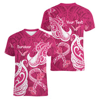 Personalized Breast Cancer Awareness Women V Neck T Shirt Ribbon Polynesian Pattern Pink Version LT05 - Polynesian Pride