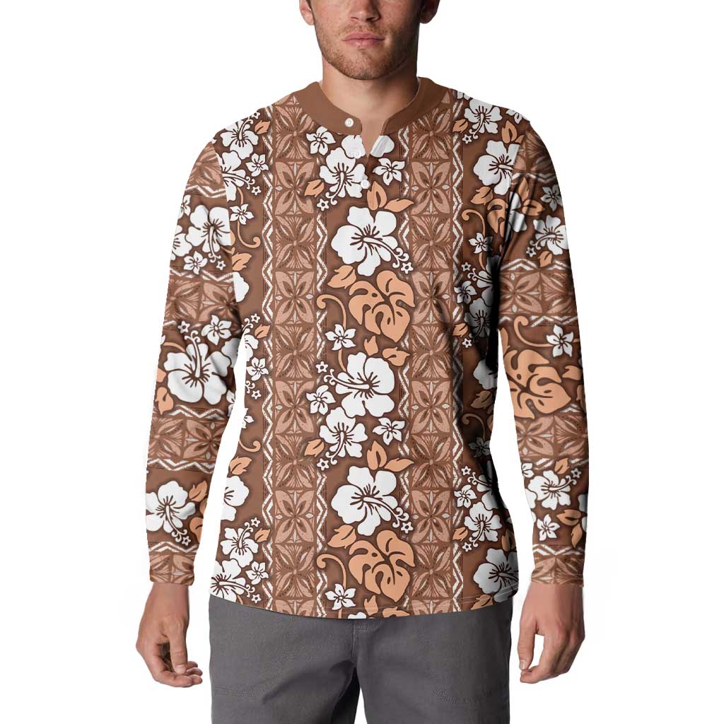 Hawaii Vintage Brown Hibiscus Tapa Pattern Button Sweatshirt LT05 - Polynesian Pride