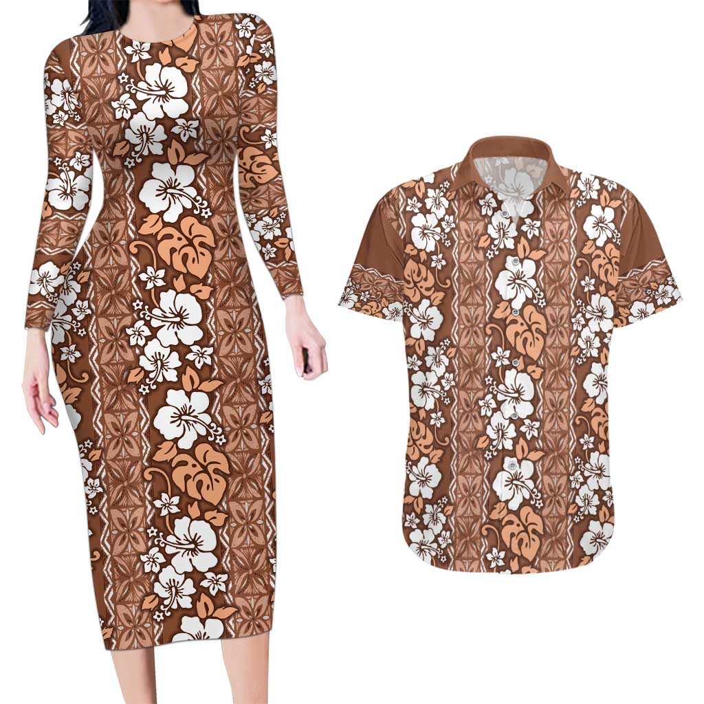 Hawaii Vintage Brown Hibiscus Tapa Pattern Couples Matching Long Sleeve Bodycon Dress and Hawaiian Shirt