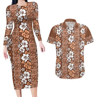 Hawaii Vintage Brown Hibiscus Tapa Pattern Couples Matching Long Sleeve Bodycon Dress and Hawaiian Shirt LT05 Brown - Polynesian Pride