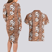 Hawaii Vintage Brown Hibiscus Tapa Pattern Couples Matching Long Sleeve Bodycon Dress and Hawaiian Shirt LT05 - Polynesian Pride