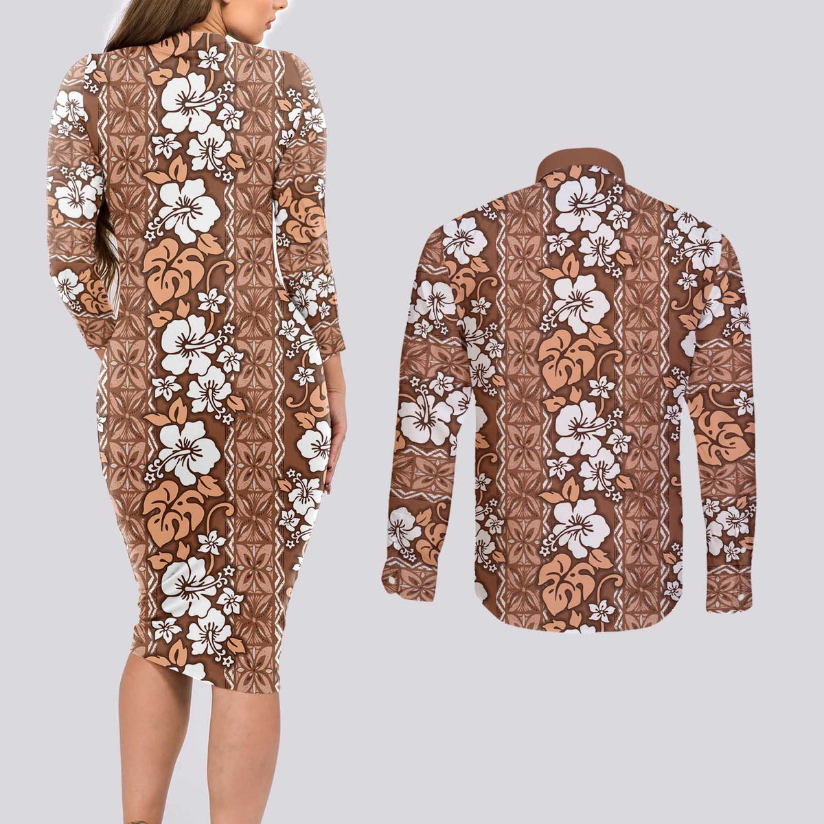 Hawaii Vintage Brown Hibiscus Tapa Pattern Couples Matching Long Sleeve Bodycon Dress and Long Sleeve Button Shirt LT05 - Polynesian Pride