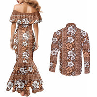 Hawaii Vintage Brown Hibiscus Tapa Pattern Couples Matching Mermaid Dress and Long Sleeve Button Shirt LT05 - Polynesian Pride