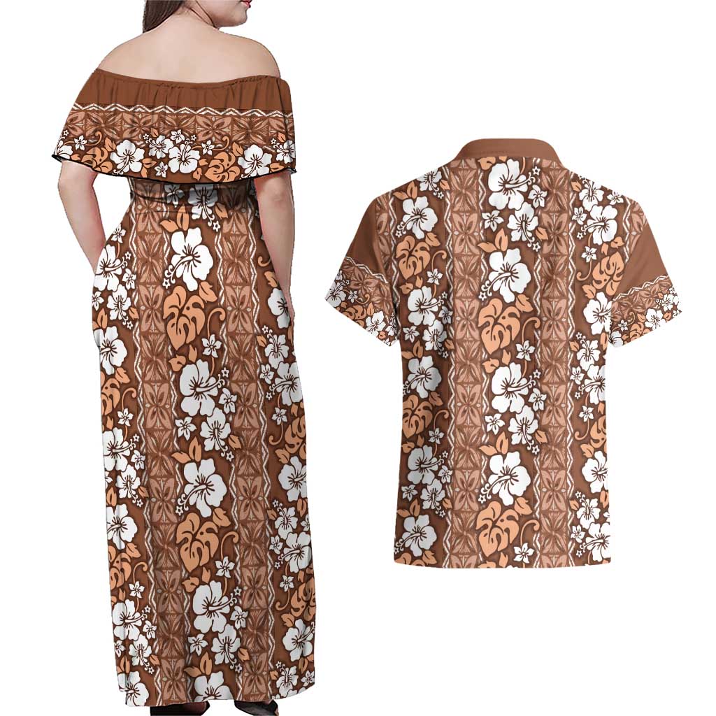 Hawaii Vintage Brown Hibiscus Tapa Pattern Couples Matching Off Shoulder Maxi Dress and Hawaiian Shirt