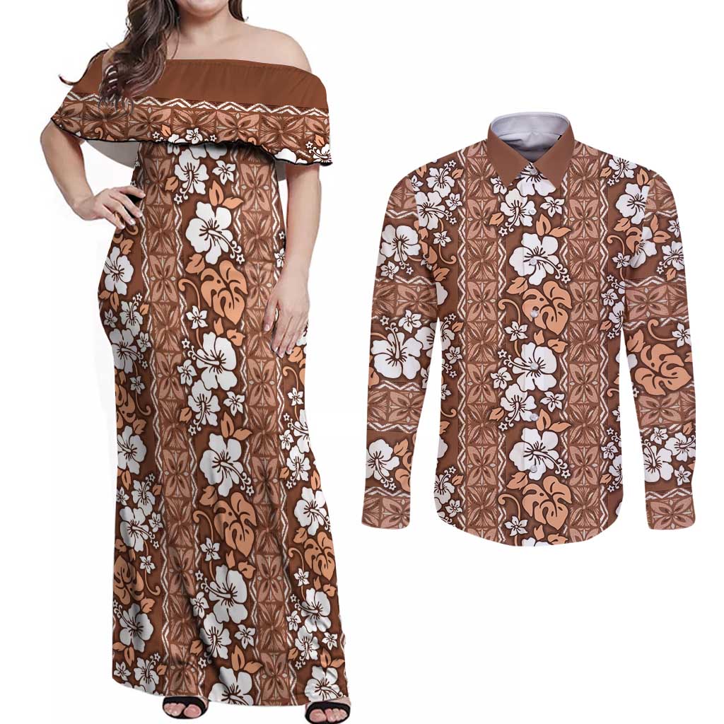 Hawaii Vintage Brown Hibiscus Tapa Pattern Couples Matching Off Shoulder Maxi Dress and Long Sleeve Button Shirt LT05 Brown - Polynesian Pride
