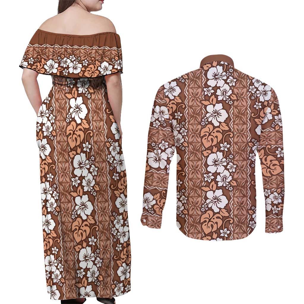 Hawaii Vintage Brown Hibiscus Tapa Pattern Couples Matching Off Shoulder Maxi Dress and Long Sleeve Button Shirt LT05 - Polynesian Pride