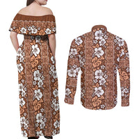 Hawaii Vintage Brown Hibiscus Tapa Pattern Couples Matching Off Shoulder Maxi Dress and Long Sleeve Button Shirt LT05 - Polynesian Pride