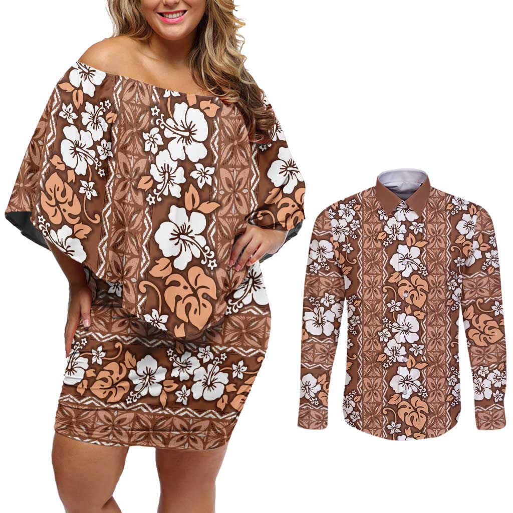 Hawaii Vintage Brown Hibiscus Tapa Pattern Couples Matching Off Shoulder Short Dress and Long Sleeve Button Shirt LT05 Brown - Polynesian Pride