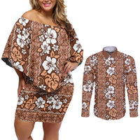 Hawaii Vintage Brown Hibiscus Tapa Pattern Couples Matching Off Shoulder Short Dress and Long Sleeve Button Shirt LT05 Brown - Polynesian Pride