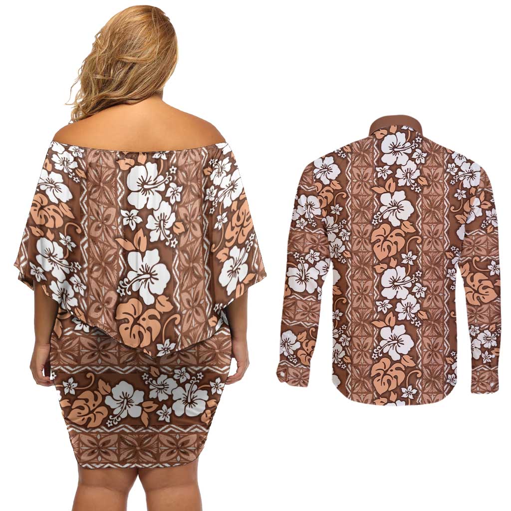 Hawaii Vintage Brown Hibiscus Tapa Pattern Couples Matching Off Shoulder Short Dress and Long Sleeve Button Shirt LT05 - Polynesian Pride