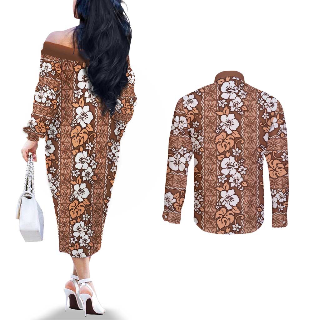 Hawaii Vintage Brown Hibiscus Tapa Pattern Couples Matching Off The Shoulder Long Sleeve Dress and Long Sleeve Button Shirt LT05 - Polynesian Pride