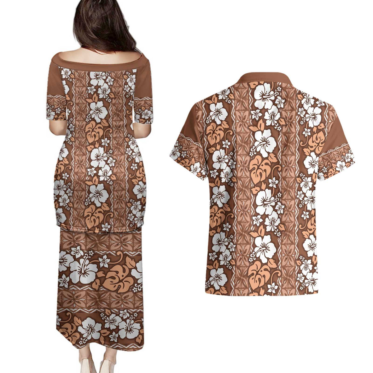 Hawaii Vintage Brown Hibiscus Tapa Pattern Couples Matching Puletasi and Hawaiian Shirt LT05 - Polynesian Pride