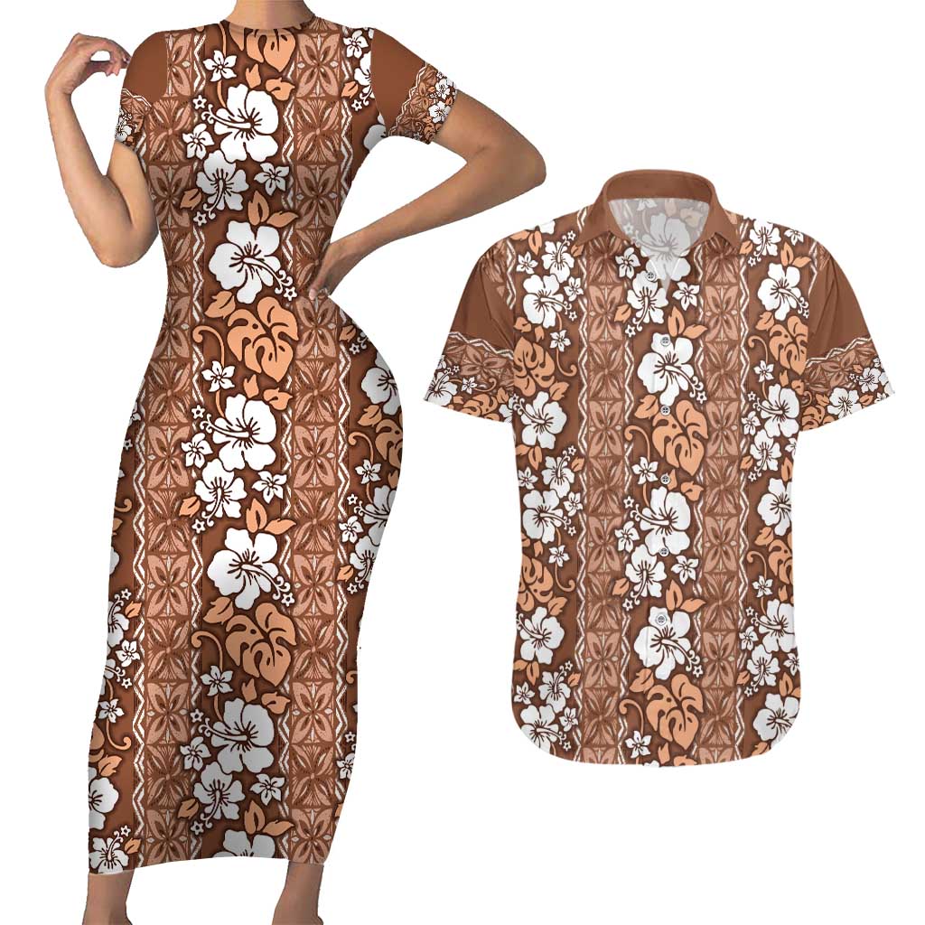 Hawaii Vintage Brown Hibiscus Tapa Pattern Couples Matching Short Sleeve Bodycon Dress and Hawaiian Shirt