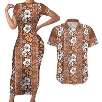 Hawaii Vintage Brown Hibiscus Tapa Pattern Couples Matching Short Sleeve Bodycon Dress and Hawaiian Shirt LT05 Brown - Polynesian Pride