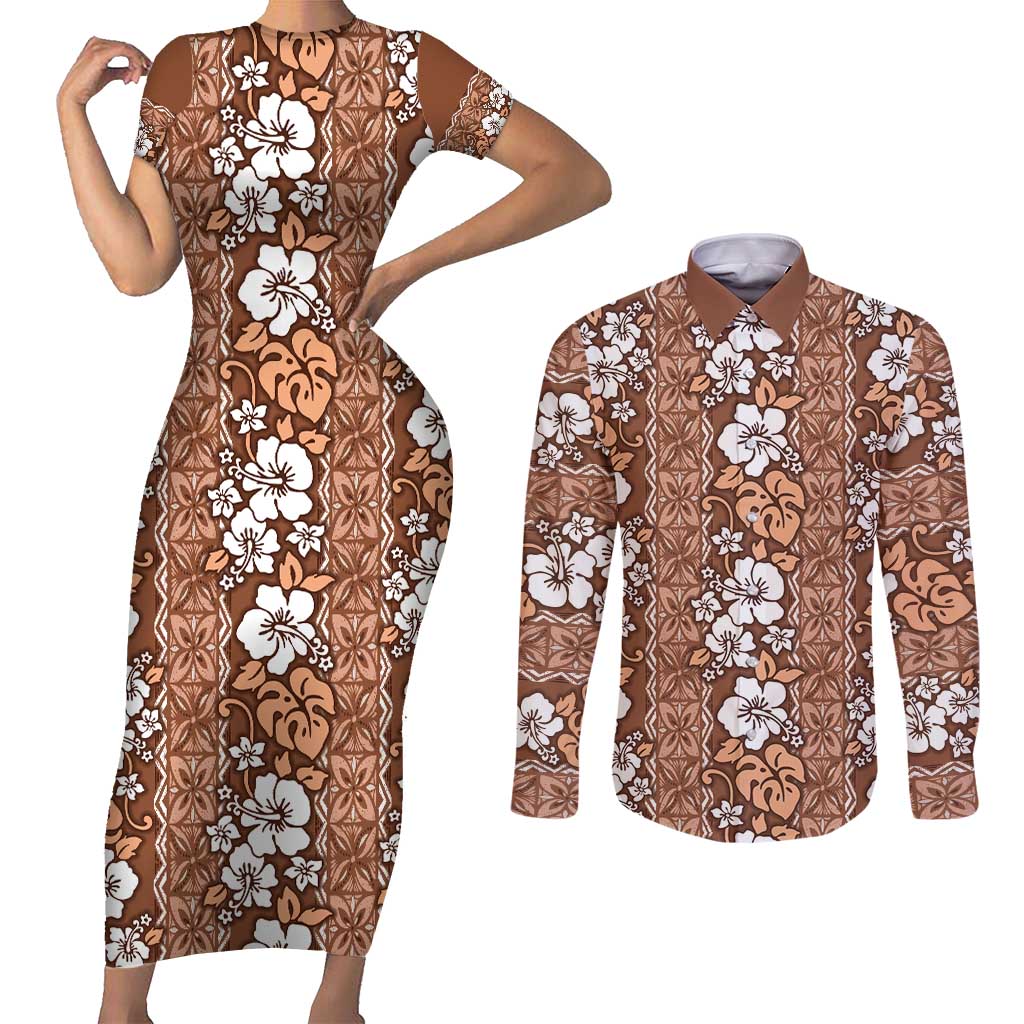 Hawaii Vintage Brown Hibiscus Tapa Pattern Couples Matching Short Sleeve Bodycon Dress and Long Sleeve Button Shirt LT05 Brown - Polynesian Pride