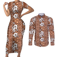 Hawaii Vintage Brown Hibiscus Tapa Pattern Couples Matching Short Sleeve Bodycon Dress and Long Sleeve Button Shirt LT05 Brown - Polynesian Pride