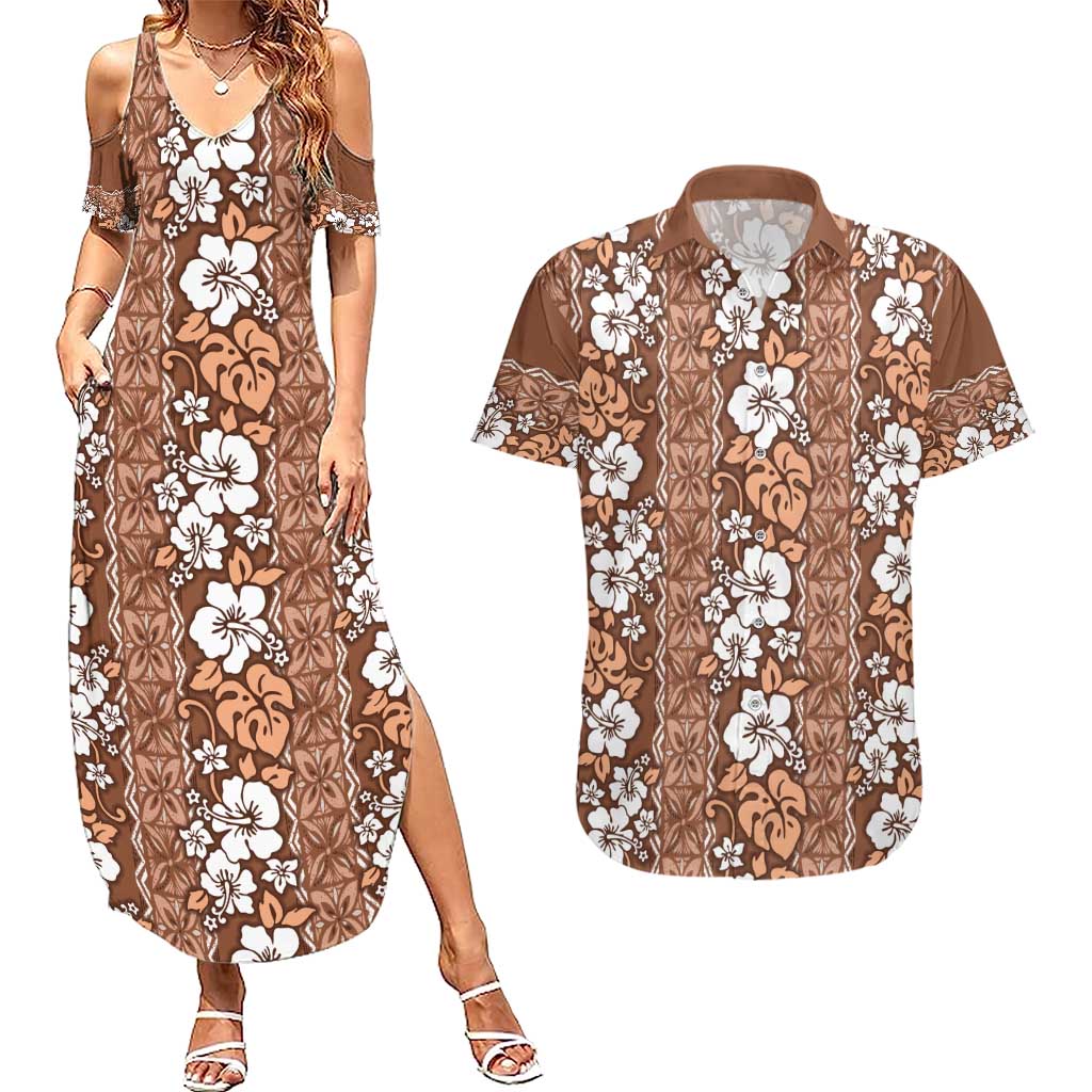 Hawaii Vintage Brown Hibiscus Tapa Pattern Couples Matching Summer Maxi Dress and Hawaiian Shirt LT05 Brown - Polynesian Pride