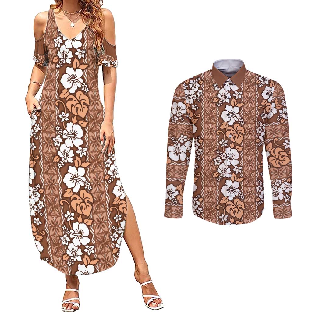 Hawaii Vintage Brown Hibiscus Tapa Pattern Couples Matching Summer Maxi Dress and Long Sleeve Button Shirt LT05 Brown - Polynesian Pride