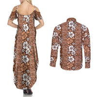 Hawaii Vintage Brown Hibiscus Tapa Pattern Couples Matching Summer Maxi Dress and Long Sleeve Button Shirt LT05 - Polynesian Pride