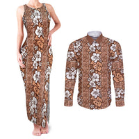 Hawaii Vintage Brown Hibiscus Tapa Pattern Couples Matching Tank Maxi Dress and Long Sleeve Button Shirt LT05 Brown - Polynesian Pride