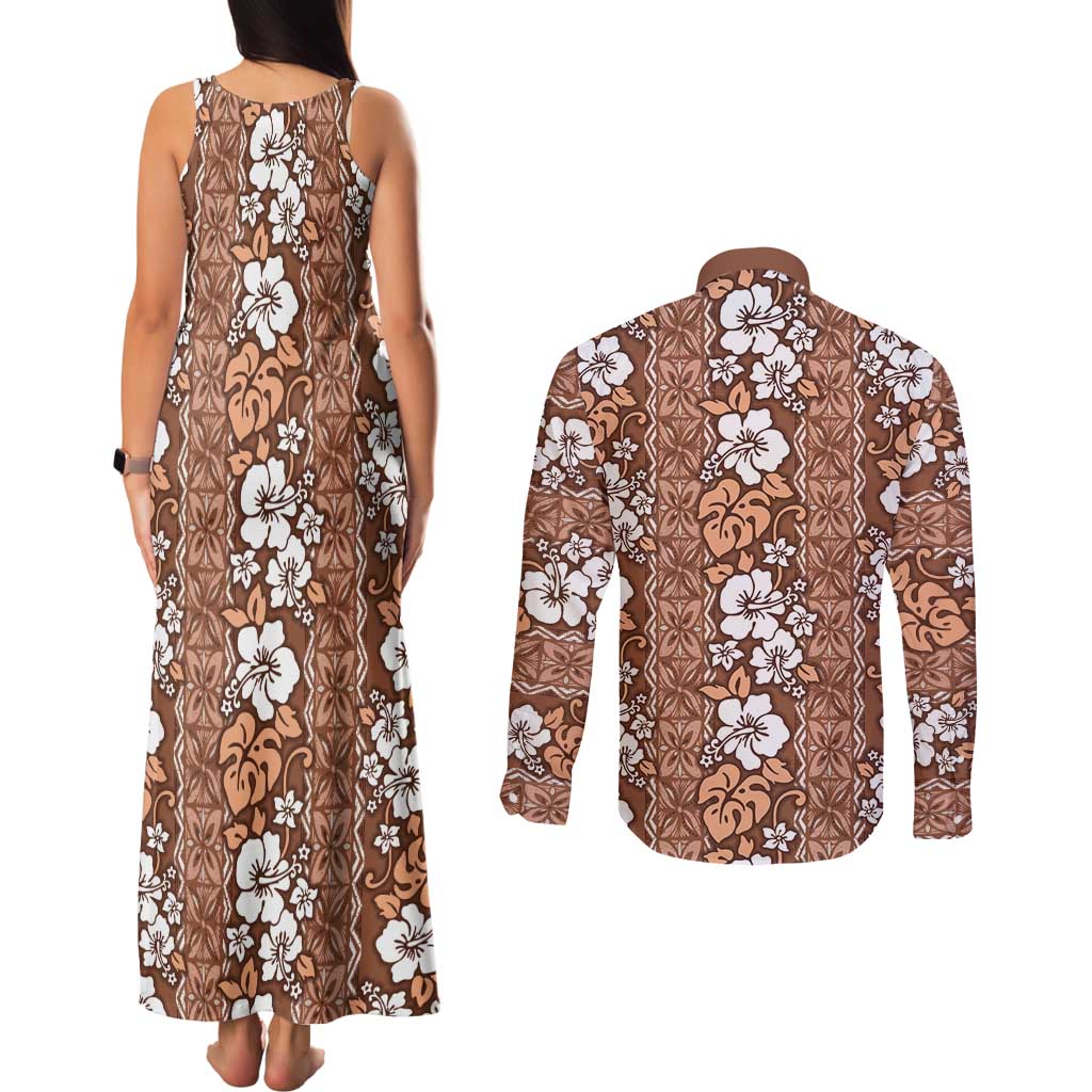 Hawaii Vintage Brown Hibiscus Tapa Pattern Couples Matching Tank Maxi Dress and Long Sleeve Button Shirt LT05 - Polynesian Pride