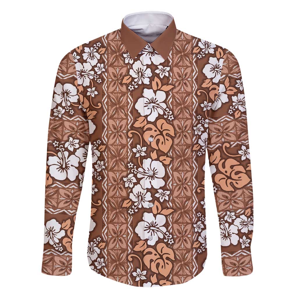 Hawaii Vintage Brown Hibiscus Tapa Pattern Family Matching Long Sleeve Bodycon Dress and Hawaiian Shirt
