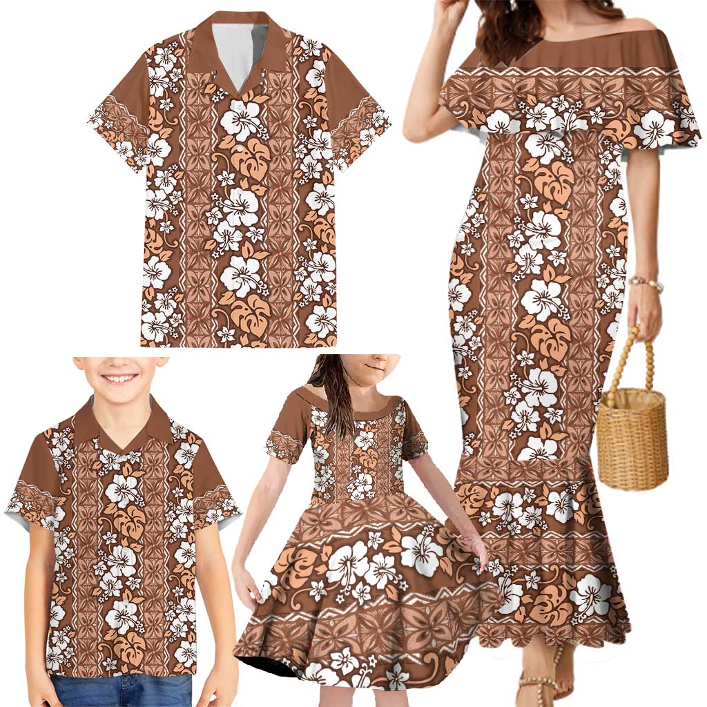 Hawaii Vintage Brown Hibiscus Tapa Pattern Family Matching Mermaid Dress and Hawaiian Shirt