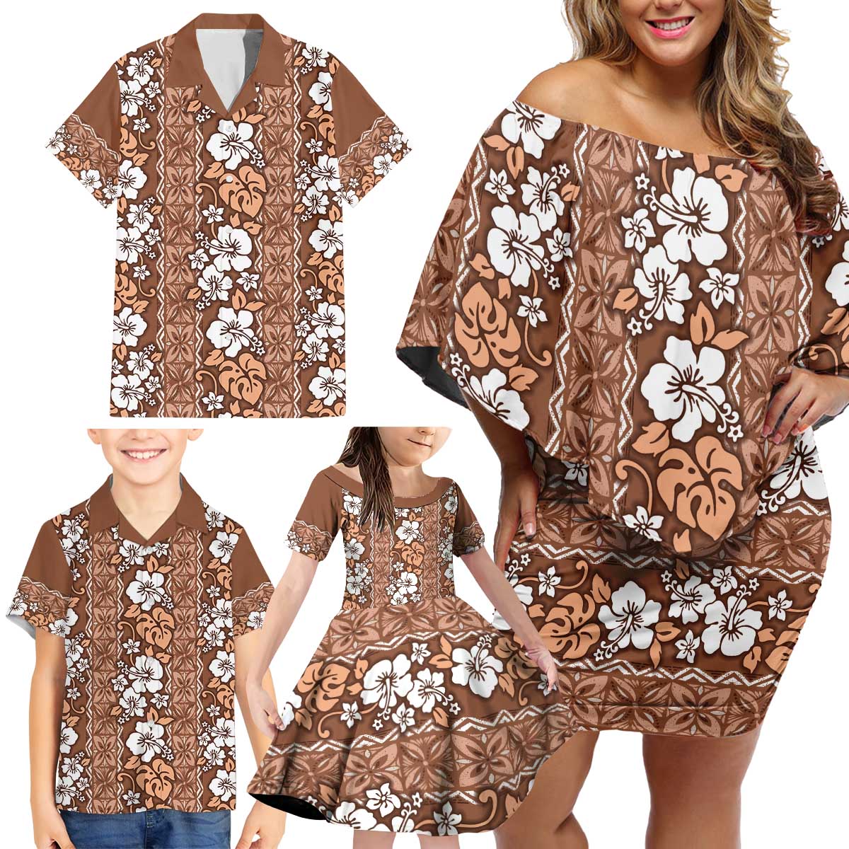 Hawaii Vintage Brown Hibiscus Tapa Pattern Family Matching Off Shoulder Short Dress and Hawaiian Shirt LT05 - Polynesian Pride