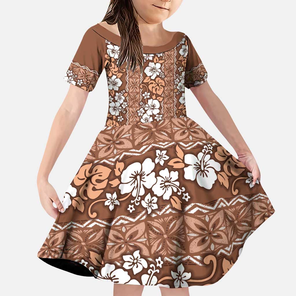Hawaii Vintage Brown Hibiscus Tapa Pattern Family Matching Puletasi and Hawaiian Shirt LT05 Daughter's Dress Brown - Polynesian Pride
