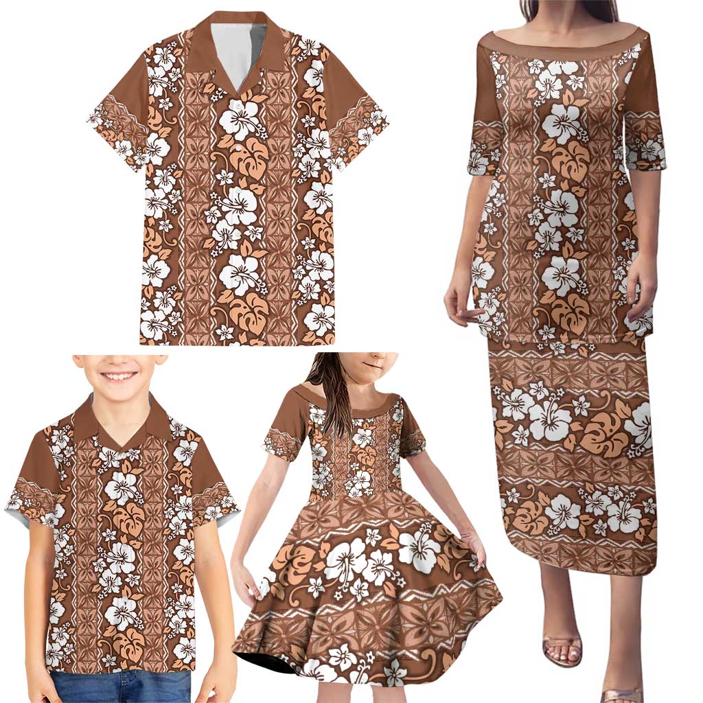 Hawaii Vintage Brown Hibiscus Tapa Pattern Family Matching Puletasi and Hawaiian Shirt