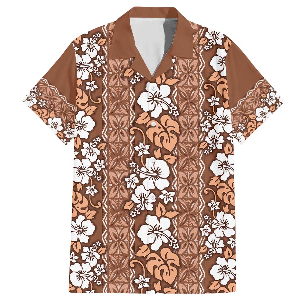 Hawaii Vintage Brown Hibiscus Tapa Pattern Family Matching Puletasi and Hawaiian Shirt LT05 Dad's Shirt - Short Sleeve Brown - Polynesian Pride
