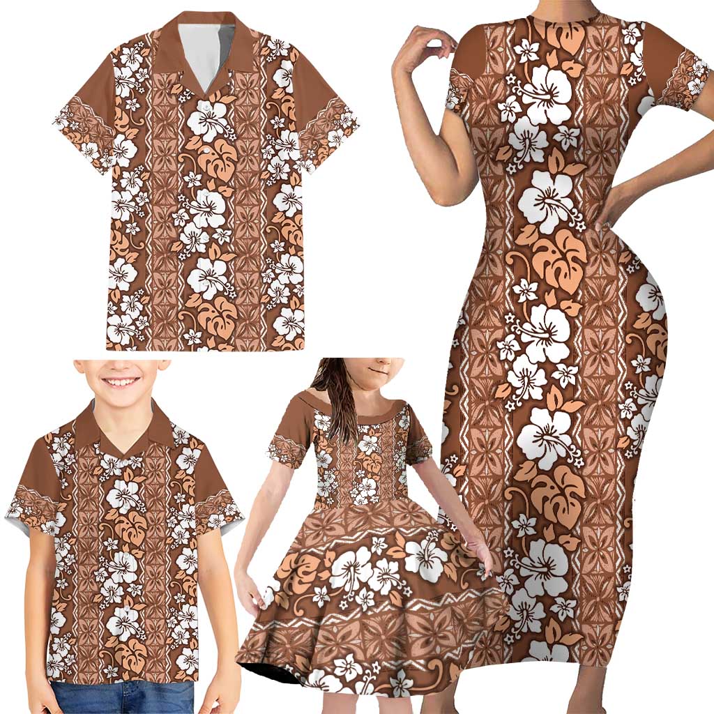 Hawaii Vintage Brown Hibiscus Tapa Pattern Family Matching Short Sleeve Bodycon Dress and Hawaiian Shirt