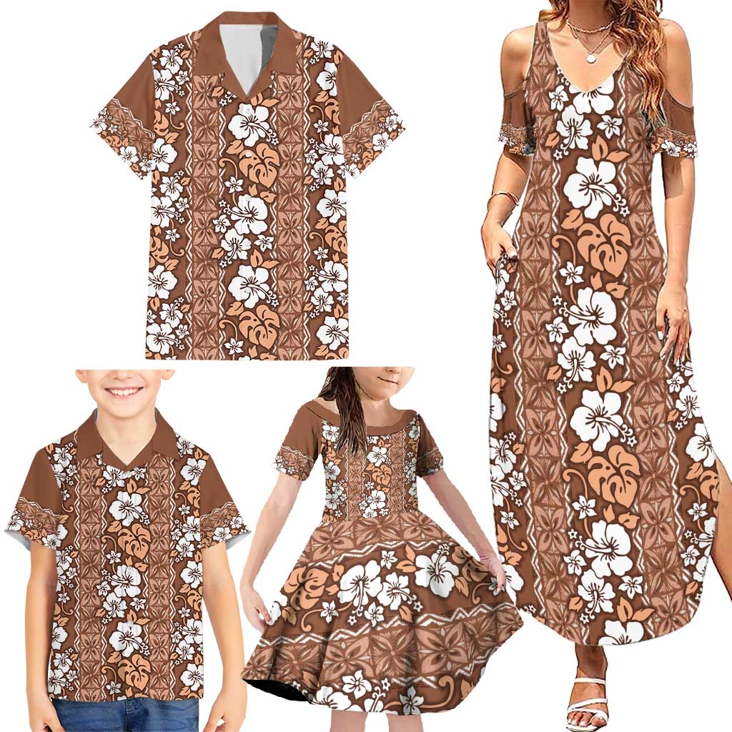 Hawaii Vintage Brown Hibiscus Tapa Pattern Family Matching Summer Maxi Dress and Hawaiian Shirt