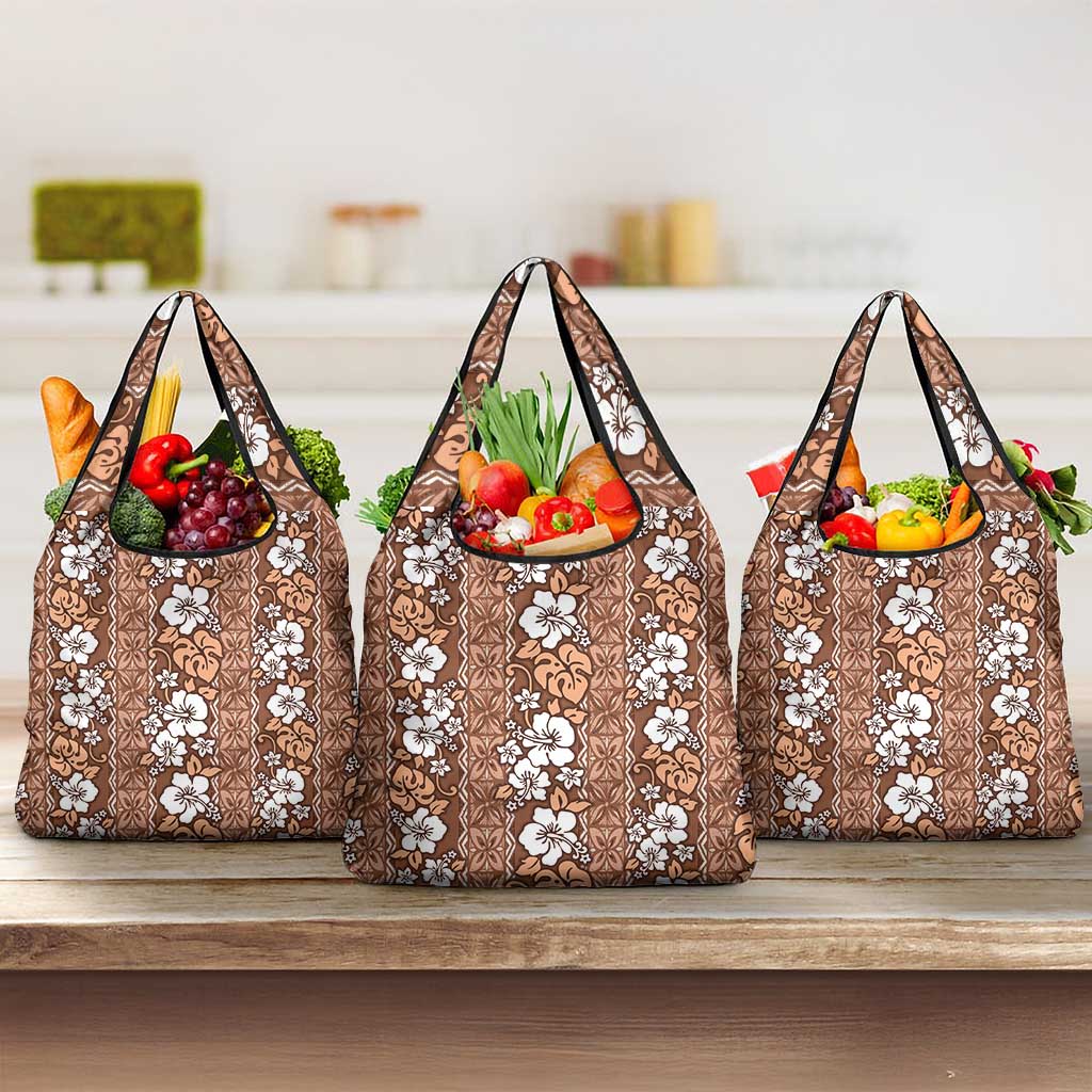 Hawaii Vintage Brown Hibiscus Tapa Pattern Grocery Bag LT05 3-pack One Size Brown - Polynesian Pride