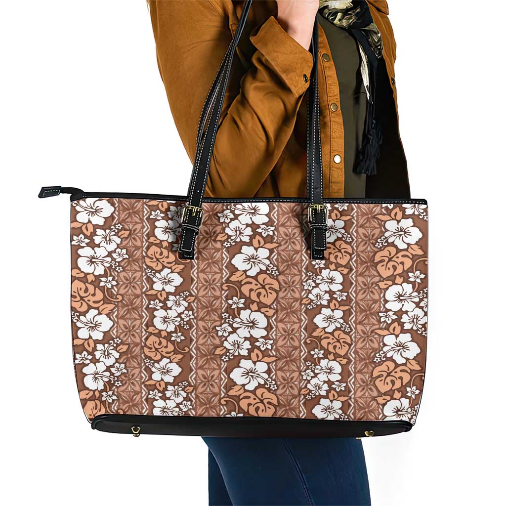 Hawaii Vintage Brown Hibiscus Tapa Pattern Leather Tote Bag LT05 - Polynesian Pride