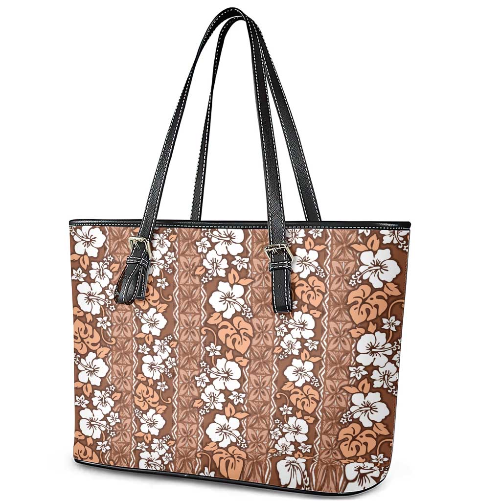 Hawaii Vintage Brown Hibiscus Tapa Pattern Leather Tote Bag LT05 - Polynesian Pride