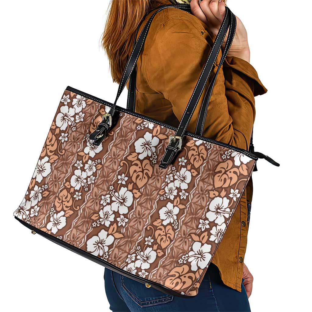 Hawaii Vintage Brown Hibiscus Tapa Pattern Leather Tote Bag LT05 - Polynesian Pride
