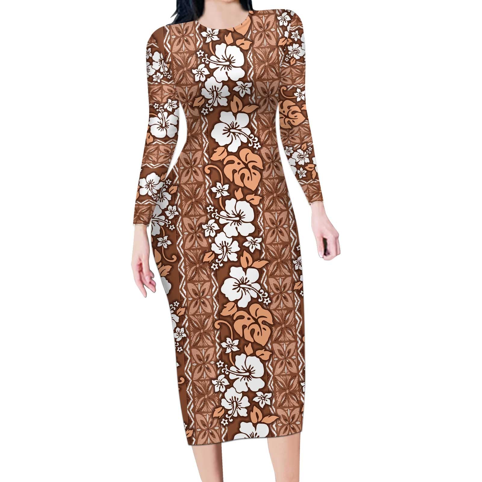 Hawaii Vintage Brown Hibiscus Tapa Pattern Long Sleeve Bodycon Dress