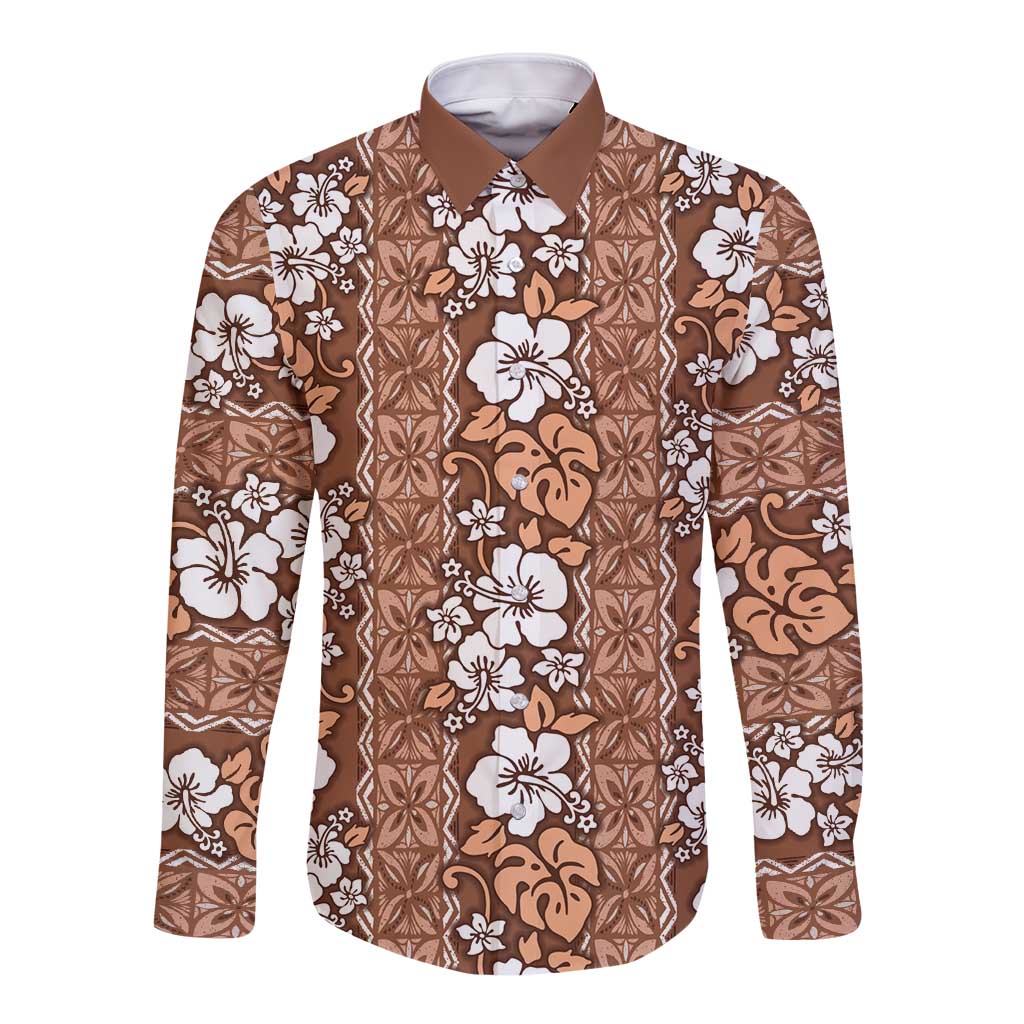 Hawaii Vintage Brown Hibiscus Tapa Pattern Long Sleeve Button Shirt