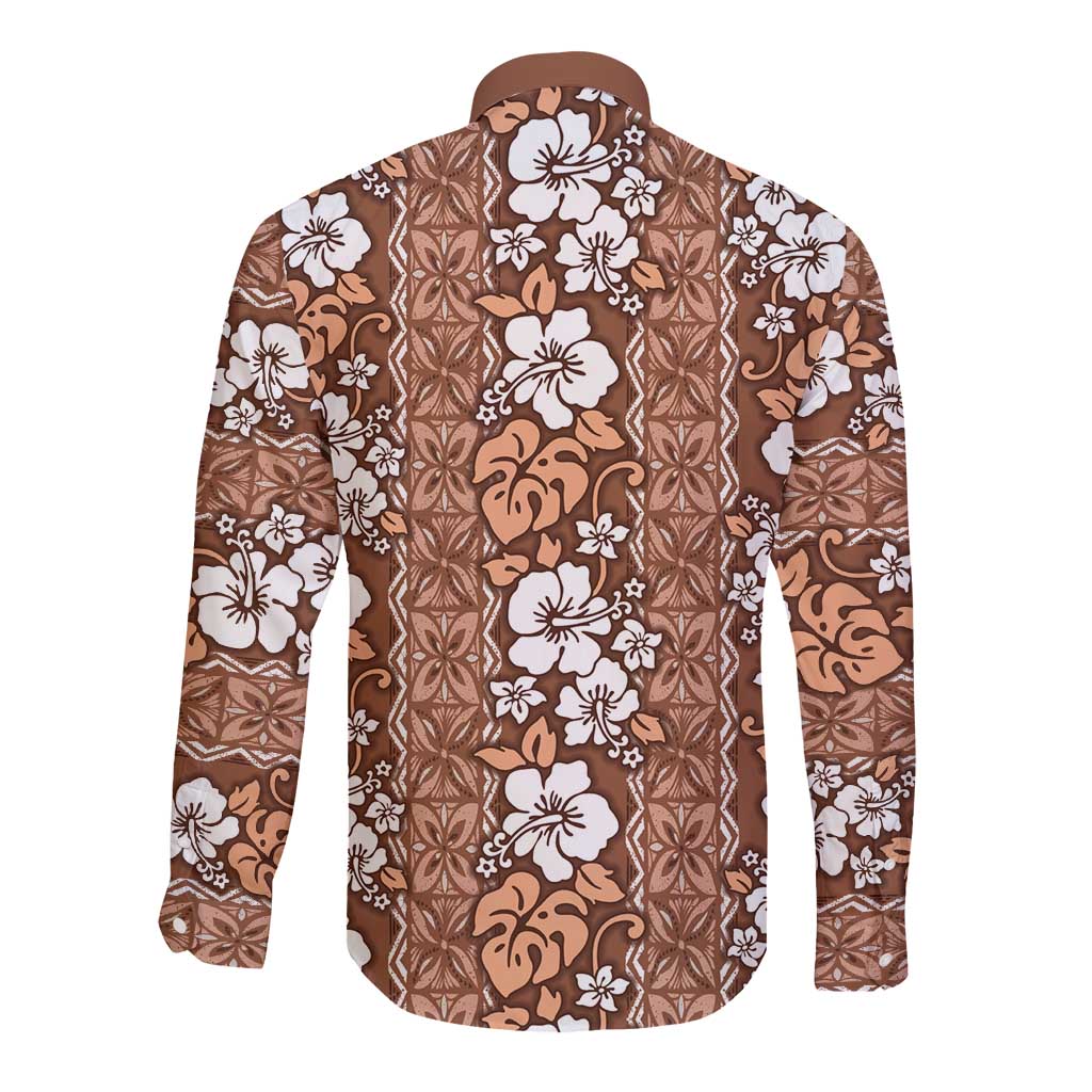 Hawaii Vintage Brown Hibiscus Tapa Pattern Long Sleeve Button Shirt