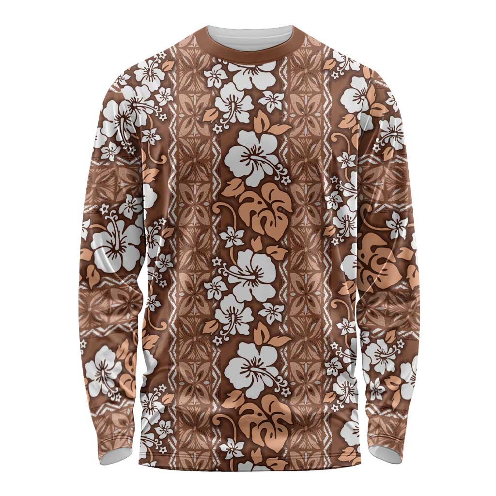 Hawaii Vintage Brown Hibiscus Tapa Pattern Long Sleeve Shirt