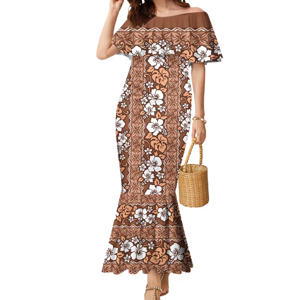 Hawaii Vintage Brown Hibiscus Tapa Pattern Mermaid Dress