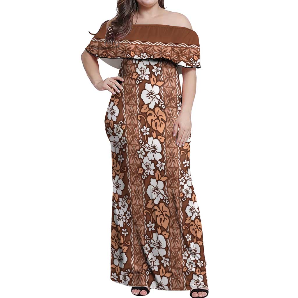 Hawaii Vintage Brown Hibiscus Tapa Pattern Off Shoulder Maxi Dress LT05 Women Brown - Polynesian Pride